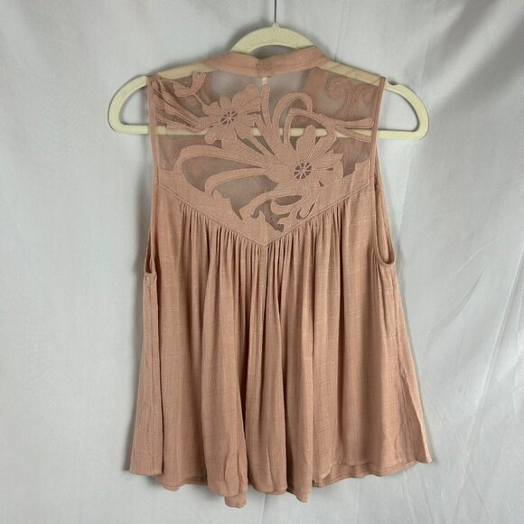 Free People Western Romance Mesh Applique Shirt Women Small Pink Flowy Lace - Picture 6 of 8